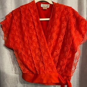 Vintage FRANCES HENAGHAN bright red/ orange blouse lace and tye front size 10